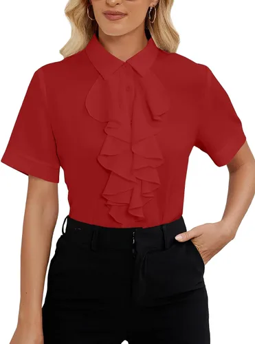 Miniatura 18 de Vrtige Women's Ruffle Front Collar Neck Button Down Short Sleeve Blouse Shirt Top