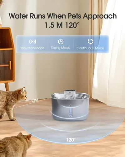 Miniatura 6 de Fuente de agua inalámbrica para gatos de acero inoxidable, fuente de agua inteligente para mascotas, 3.2L/108 onzas con filtros y 2 cabezales