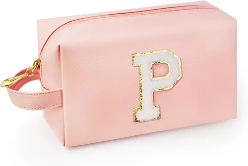 Miniatura 68 de Bolsa de maquillaje personalizada con inicial con asa, bolsa de cosméticos de preparación con bolsillo interior con cremallera, 8, 9, 10, 11, 12