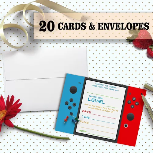 Miniatura 2 de Tarjetas de invitación de fiesta de videojuegos, invitación a fiesta de cumpleaños de juego, celebración de fiesta de niños, 20 tarjetas con 20