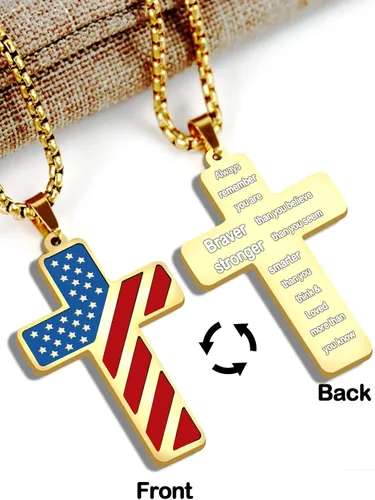 Miniatura 2 de REGIS Collar de cruz de bandera estadounidense para hombres y niños, cadena de acero inoxidable de 24 pulgadas, versículo bíblico con colgante