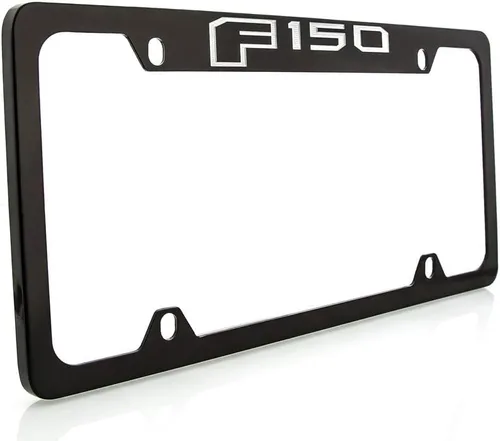 Ford F 150 - Marco de matrícula grabado con tapa de metal de zinc con revestimiento negro, 4 agujeros