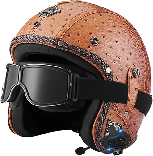 Miniatura 13 de Casco retro de motocicleta con Bluetooth, casco de cuero Jet con gafas personalizadas, medio casco de motocicleta 3/4 aprobado por DOT, casco