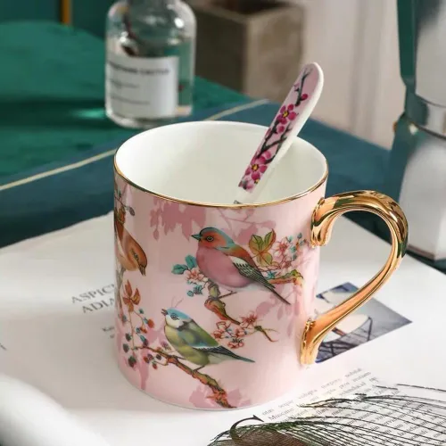 Miniatura 4 de Taza de café de porcelana de porcelana de hueso para la oficina de la cocina del hogar - Patrones de pájaros (azul)