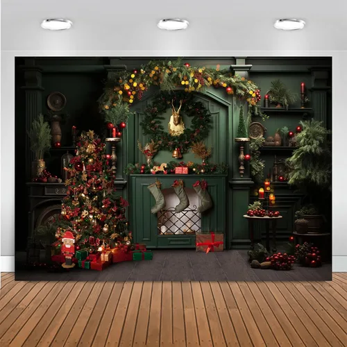 Mocsicka Telón de fondo para chimenea de Navidad, fondo de fotografía de árbol de Navidad vintage, suministros de decoración de fiesta familiar,