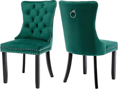 Miniatura 97 de Juego de 2 sillas de comedor de terciopelo, silla de comedor tapizada de alta gama con tirador de anillo en la espalda, adorno de clavos y patas