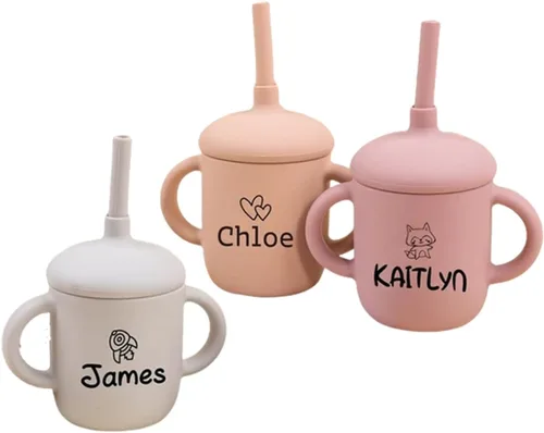 Taza de bebé personalizada con nombre grabado, taza de bebé de silicona personalizada con tapa y asa, taza de entrenamiento de 5 onzas para bebé,