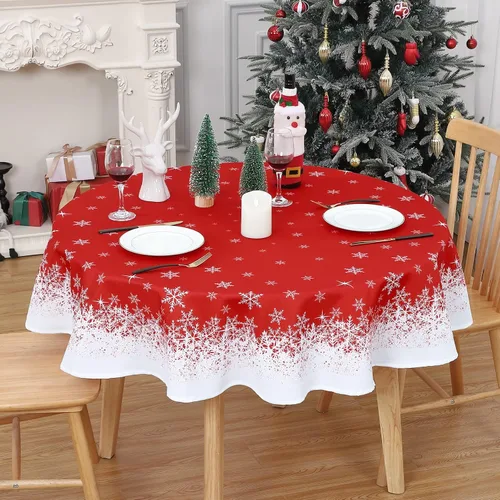 Miniatura 3 de CAROMIO Mantel redondo de Navidad de 60 pulgadas, mantel de Navidad con copos de nieve rojos, mantel decorativo de interior para exteriores