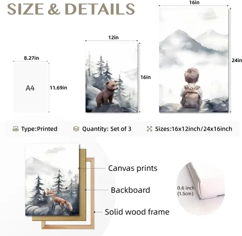 Miniatura 7 de kilamino Arte de pared de bosque neutral con animales salvajes, lindo póster de oso y zorro para guardería, impresiones de póster de aventura