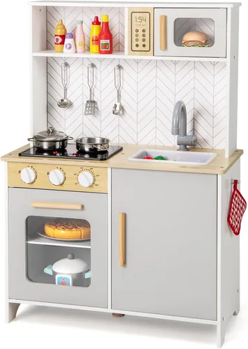 Costzon Juego de cocina para niños, cocina de madera con luces y sonidos, estufas, fregadero, grifo, microondas, horno y accesorios de cocina, juego