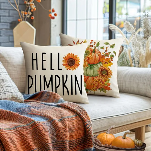 Miniatura 3 de Juego de 4 fundas de almohada decorativas de otoño de 18 x 18 pulgadas, decoración de granja de Acción de Gracias, Hello Pumpkin al aire libre