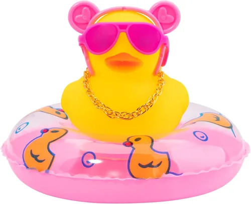 wonuu Adornos de pato de goma para automóvil, decoración de tablero de automóvil con bonita diadema, anillo de natación, collar, lentes de sol,