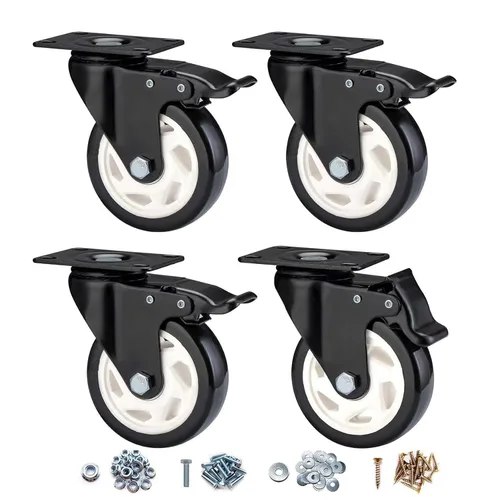 Miniatura 31 de Ruedas giratorias de 2 pulgadas con frenos, juego de 4 ruedas de bloqueo resistentes, ruedas negras que no se dañan para carrito de muebles de banco