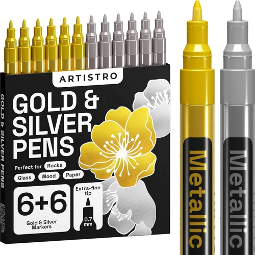 Bolígrafos metálicos dorados y plateados para pintura de rocas, piedra, cerámica, vidrio, madera, metal, tela, lienzo. Juego de 6 marcadores de