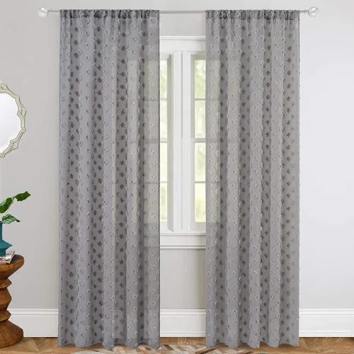 Miniatura 2 de DriftAway Olivia - Cortinas transparentes de gasa gris de vellón bordado para ventana con pompones, 2 paneles con pliegue para barra de 52 pulgadas