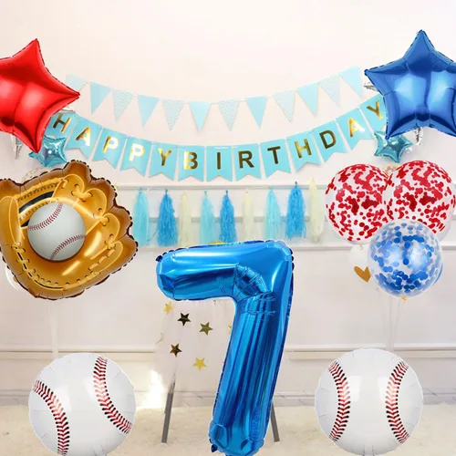 Miniatura 4 de Globos de béisbol de papel de aluminio para decoración de cumpleaños, globos con el número 7, globos de confeti de estrella roja y azul para Béisbol