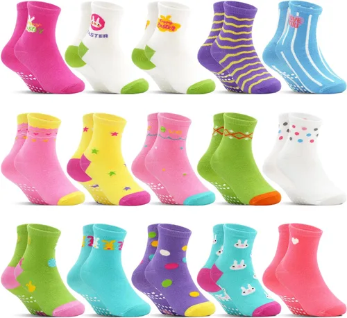 Miniatura 8 de Calcetines antideslizantes para niños pequeños, 15 pares, calcetines de agarre para niñas y niños de 0 a 7 años, calcetines suaves de dibujos