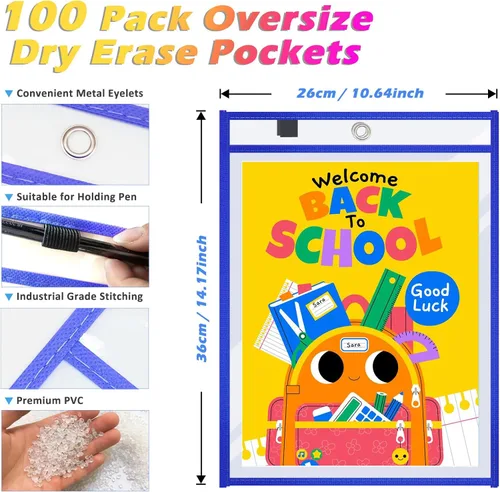 Miniatura 2 de Oleitodh - 100 paquetes de fundas de bolsillo reutilizables de borrado en seco extragrandes con 6 anillas, 20 colores surtidos 10x14 para boletos