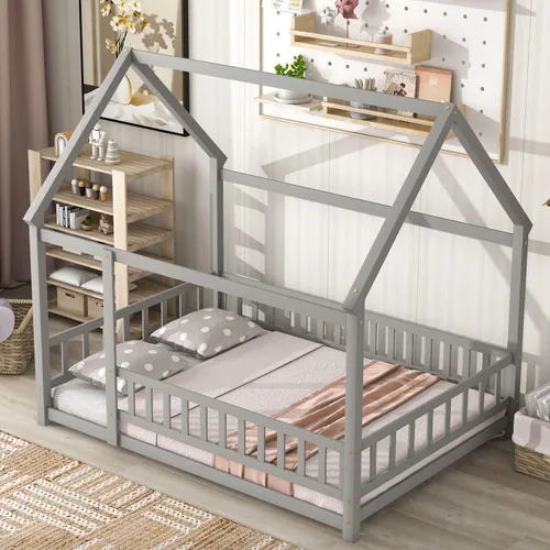 Miniatura 4 de LLS Cama de piso completo para niños, marco de cama de madera con techo y barandillas de valla seguras, cama Montessori para niñas y niños, gris