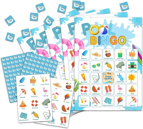 Juego de cartas de bingo para fiesta en la piscina, juego de bingo de verano para adultos, suministros de fiesta en la piscina, recuerdos,
