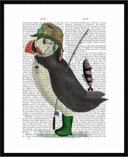 Miniatura 6 de Amanti Art Framed Wall Art Print 21x17 Puffin Fishing by Fab Funky, Animals Wall Art, Whimsical Decor, Small Poster Painting Artwork for Living
