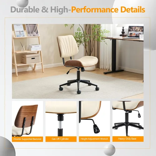 Miniatura 7 de VINGLI Silla de oficina para el hogar con asiento y respaldo curvos anchos sin brazos, silla de escritorio ergonómica con altura ajustable, función