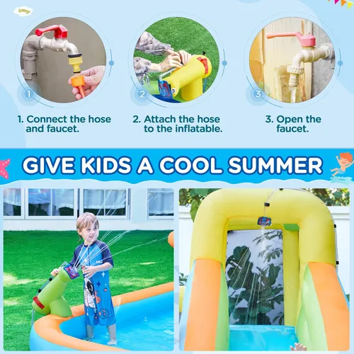 Miniatura 7 de Yaheetech - Castillo inflable de rebote para niños de 3 a 10 años W/ Splash Pool, Toy Market Stand, Bouncer Area, Slide, Climbing Wall, Storage