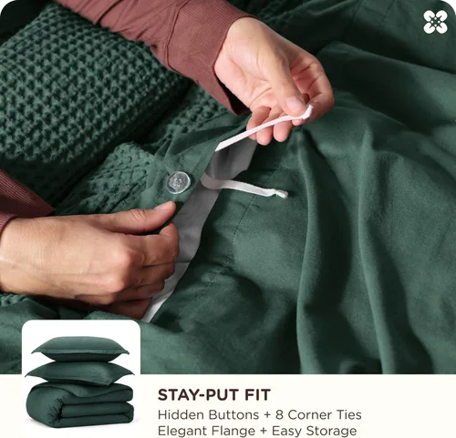 Miniatura 6 de Bedsure - Funda de edredón de algodón tamaño King - 100% algodón de tejido gofre color verde bosque, juego de ropa de cama GentleSoft™ transpirable