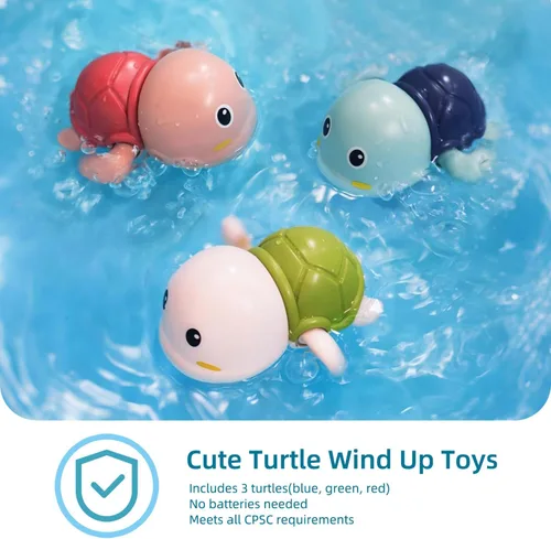 Miniatura 2 de LiKee Juguetes de baño, paquete de 3 con 3 colores, lindas tortugas de natación, juguetes de cuerda para bebés de 1 año en adelante, juguetes