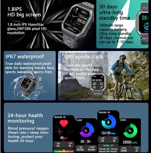 Miniatura 3 de Tuanzi KR06 Reloj inteligente deportivo negro 1.8 pulgadas Bluetooth Call Music Play Asistente de voz Monitor de salud Multi modos deportivos
