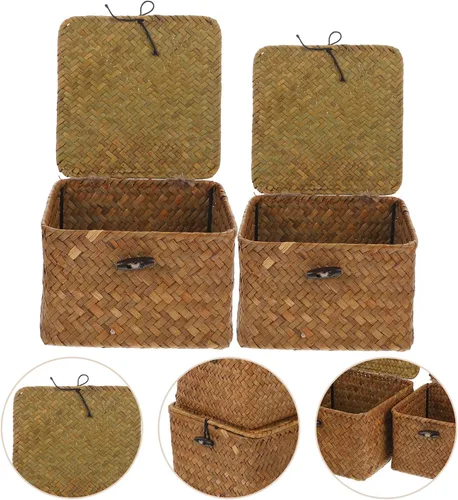 Miniatura 6 de Yardwe Cesta de almacenamiento tejida rectangular de la cubierta de la caja del tejido del pañuelo-ahorro de espacio