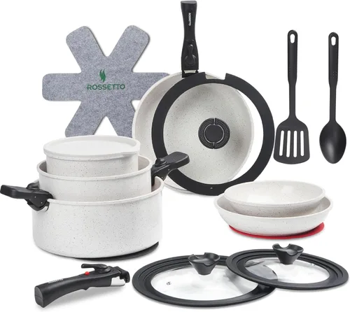 Juego de 23 ollas y sartenes antiadherentes con 4 asas desmontables, juego de utensilios de cocina de cerámica no tóxicos, juego de utensilios de