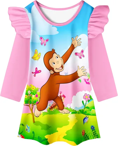 Curious Girls Cartoon Dress Little Kids George Ruffle Long Sleeve Cute Playwear Night Clothes Outfit 2-3 T
