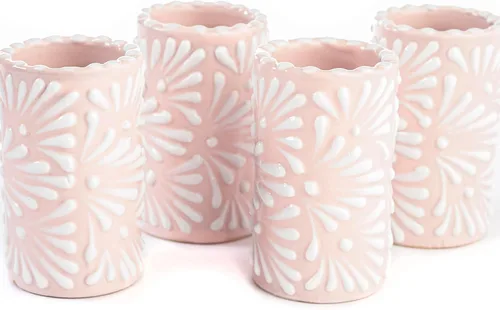 Miniatura 33 de Juego de 4 vasos de chupito Talavera auténticos mexicanos para tequila - Pintados a mano - 2 Oz (Flores naranjas)