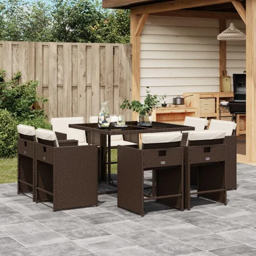 Miniatura 17 de 17-Piece Brown Poly Rattan Patio Dining Set with Cream White Cushions, Foldable Chairs and Tempered Glass Table for Outdoor Garden Backyard Patio