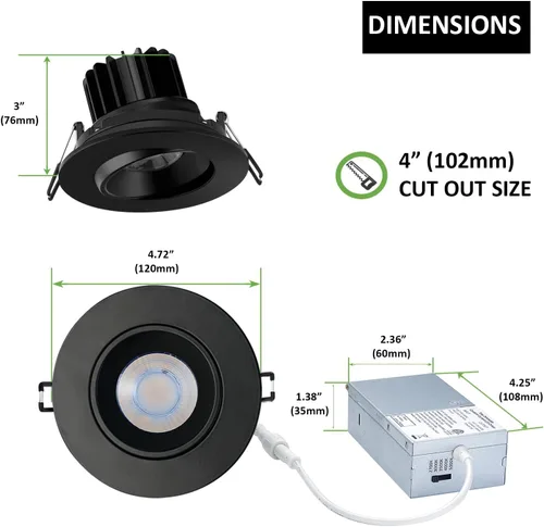 Miniatura 6 de POPANU Canless - Foco empotrado de cardán empotrado, adecuado para techo alto de 20 pies, 1200 lm, 4 pulgadas, 15 W, foco de globo ocular giratorio