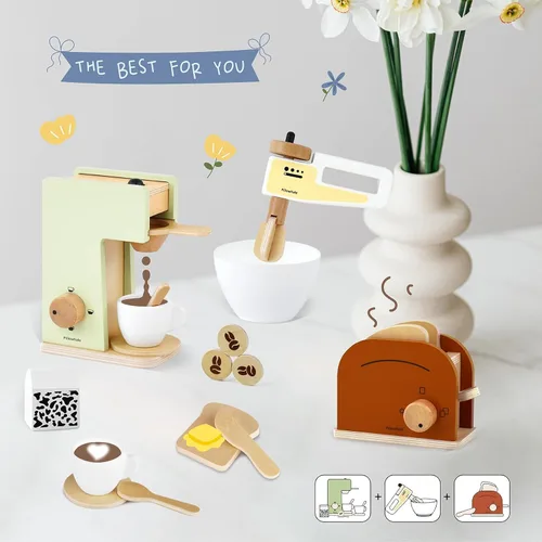 Miniatura 6 de Pillowhale Paquete de juego de café de madera 3 en 1 – Juego de simulación de cafetera, batidora manual y tostador emergente con accesorios
