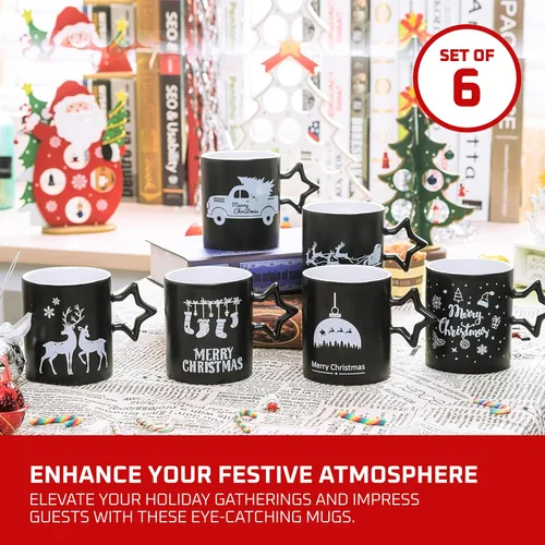 Miniatura 5 de Bruntmor Tazas de café negras con mango de estrella, juego de 6 tazas grandes de 14 onzas para vacaciones de Año Nuevo, tazas decorativas