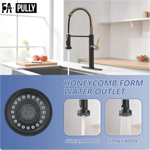 Miniatura 3 de Fapully Grifo de cocina sin contacto con rociador extraíble, sensor negro y dorado, grifo comercial de fregadero de cocina de una sola manija