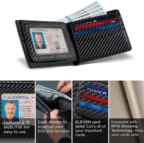 Miniatura 4 de SERMAN BRANDS Cartera de 2 ventanas de identificación para hombres con bloqueo RFID, tapa plegable, cartera de viaje de capacidad adicional