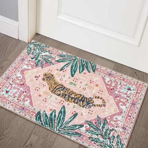 Alfombras hippie, alfombras de 2 x 3 de lana sintética tropical rosa boho para baño, cocina, entrada interior pequeña. Alfombra moderna vintage