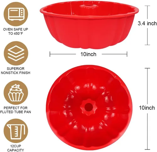 Miniatura 3 de Molde redondo de silicona de 10 pulgadas, molde de silicona antiadherente para hornear, utensilios para hornear, gelatina, gelatina (rojo, 1 unidad)