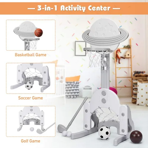 Miniatura 3 de AKUSTIK 3 in 1 Toddlers Basketball Hoop Stand, Adjustable Height Sports Center with Basketball Soccer Golf Game Set, Portable Indoor Outdoor