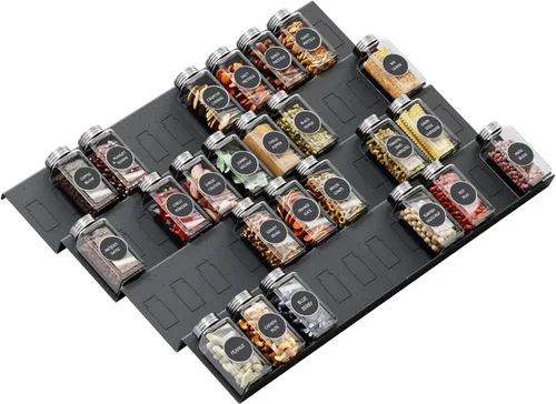 Famhap Organizador de cajones de especias, 8 niveles expandible de 11.7 a 23.2 pulgadas, bandeja para condimentos para cajones de cocina, bandeja de