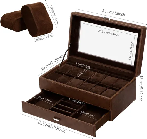Miniatura 7 de BEWISHOME Caja de reloj para hombre organizador de relojes de lujo de piel sintética con cajón de joyería parte superior de cristal real bisagra