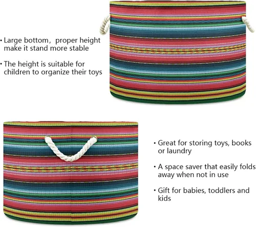Miniatura 3 de Cesta grande de cuerda de algodón de almacenamiento mexicano Serape manta rayas colorido cesto de lavandería
