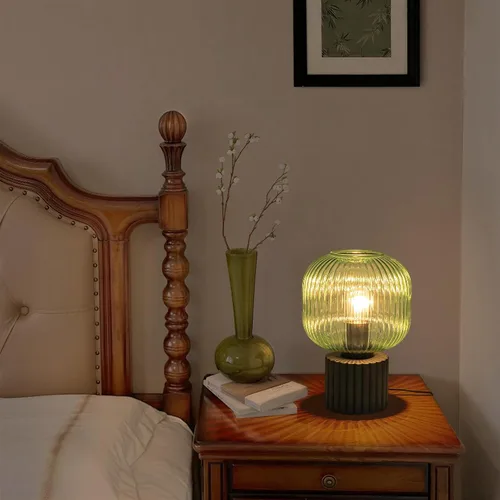 Miniatura 5 de EDISLIVE Lámpara de mesa pequeña de cristal verde de 7.87 pulgadas, moderna lámpara de noche con linterna vintage con pantalla de vidrio E26