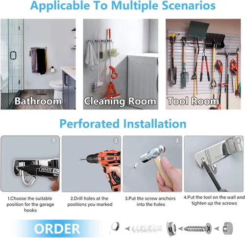 Miniatura 5 de Soporte para trapeador de escoba de montaje en pared, organizador de metal para almacenamiento de garaje, jardín, cocina, herramientas con 4