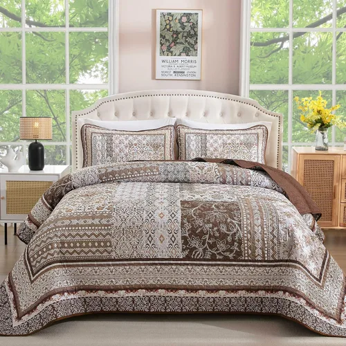 Miniatura 14 de WONGS BEDDING Juego de edredón bohemio tamaño matrimonial, juego de colcha de retazos beige de 3 piezas, juego de ropa de cama de microfibra suave