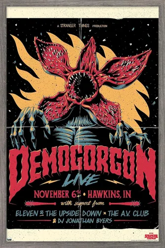 Netflix Stranger Things - Póster de pared en vivo Demogorgon, 22.4 pulgadas de largo x 14.7 pulgadas de ancho, versión enmarcada de madera de granero
